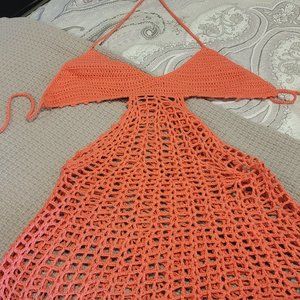 coral sheer crochet knit mini dress coverup